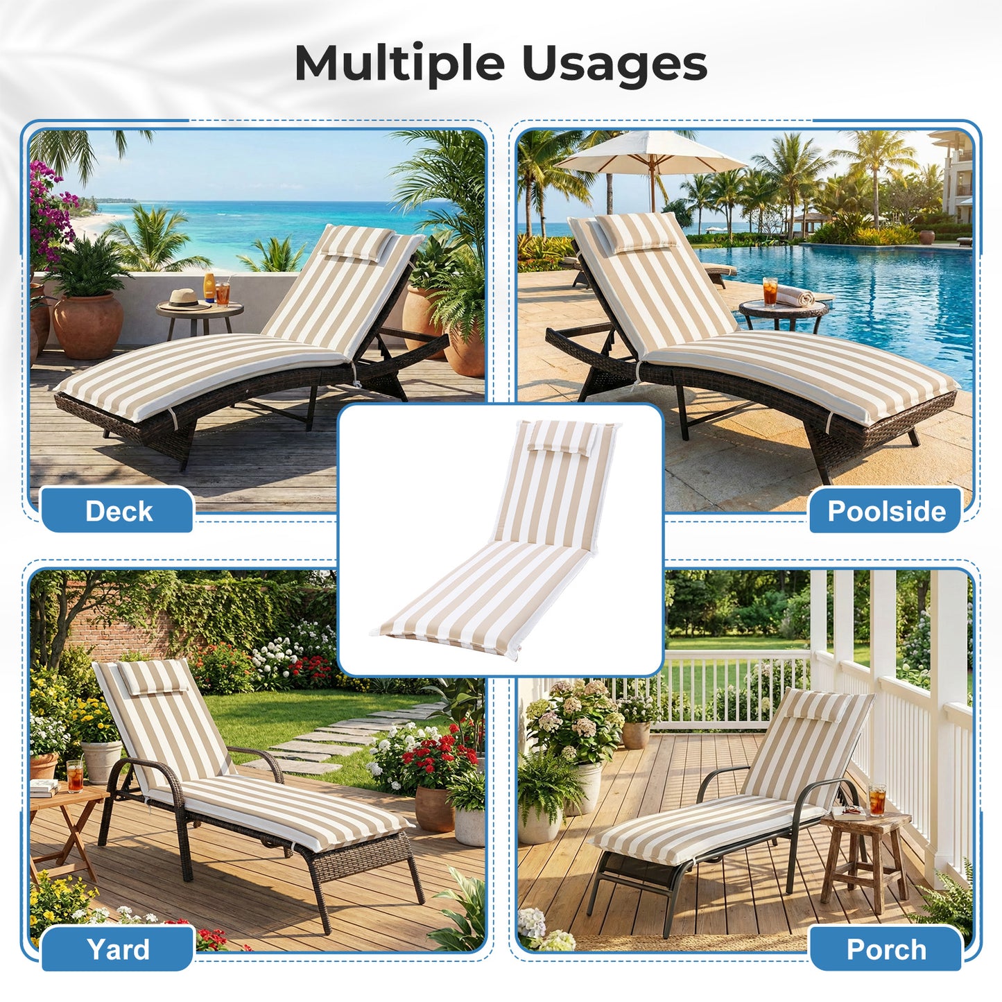79x25x3 inch Outdoor Lounge Chair Cushion with Headrest, Beige Stripe