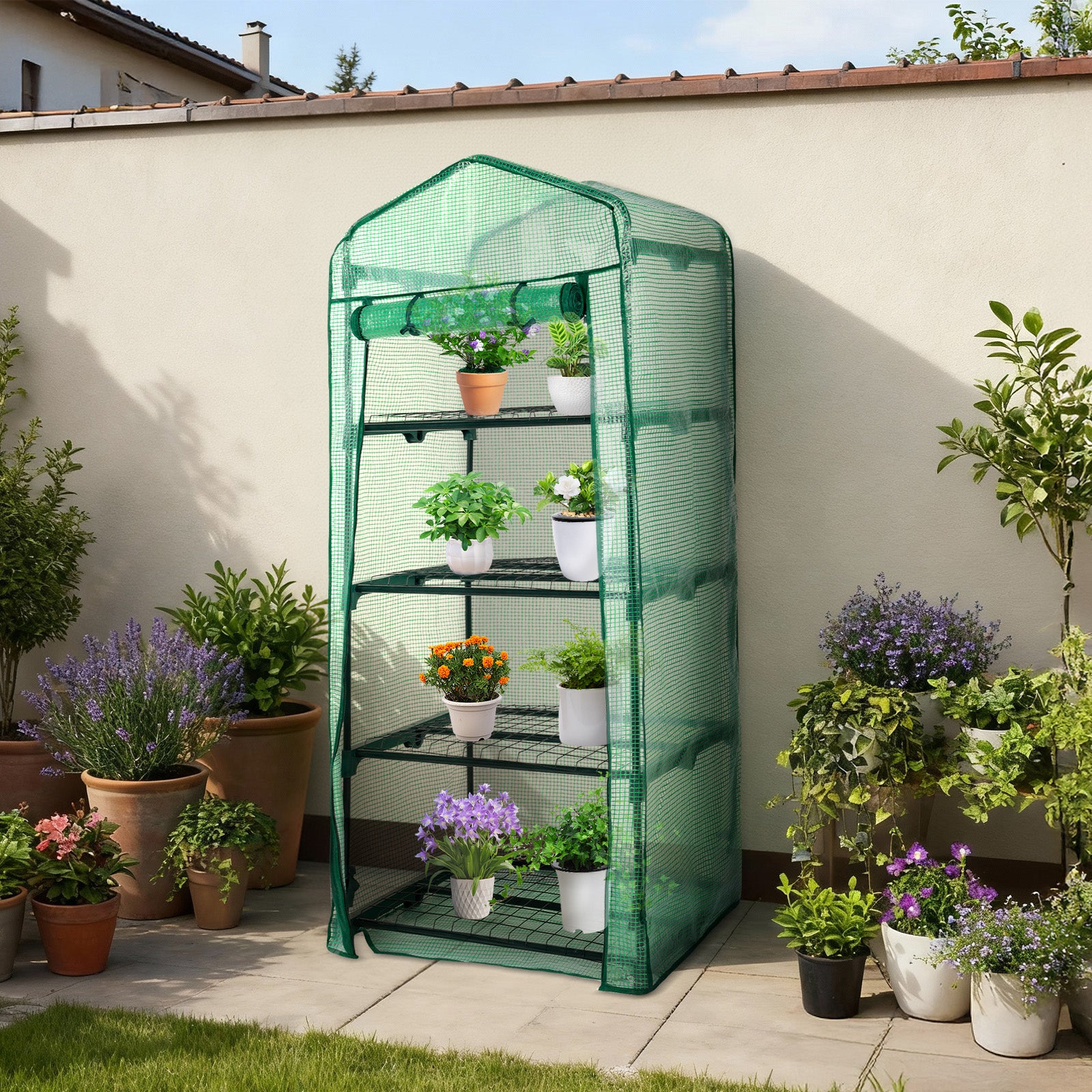 4 Tier Upgrade Greenhouse with Protective PE Base, Green - Aoodor 