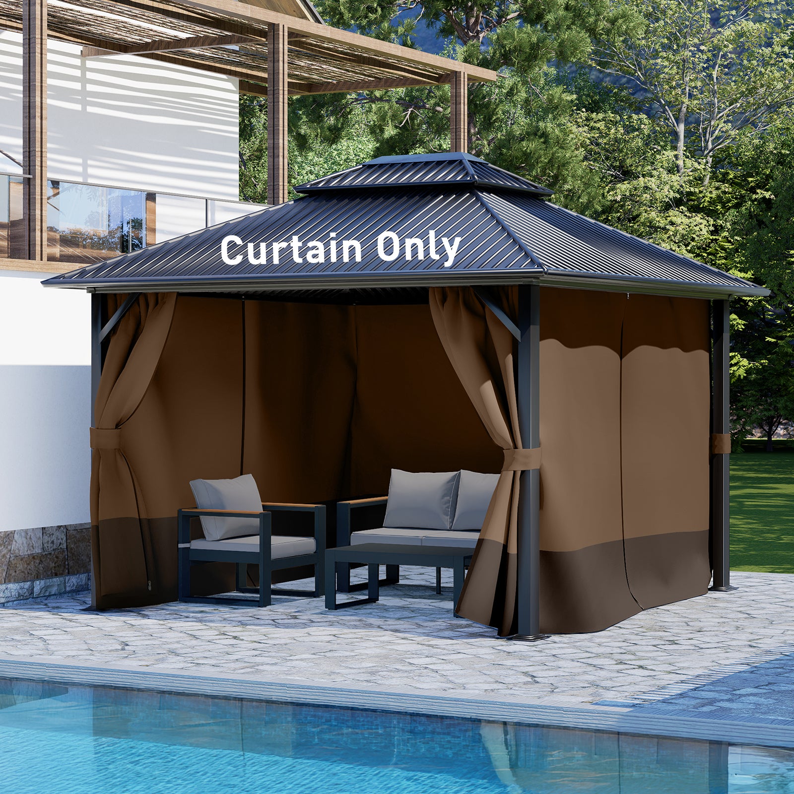 Outdoor Gazebo Curtains, 4 Panels Privacy Sidewall Replacement (Curtain Only) - Brown and Coffee - Aoodor 