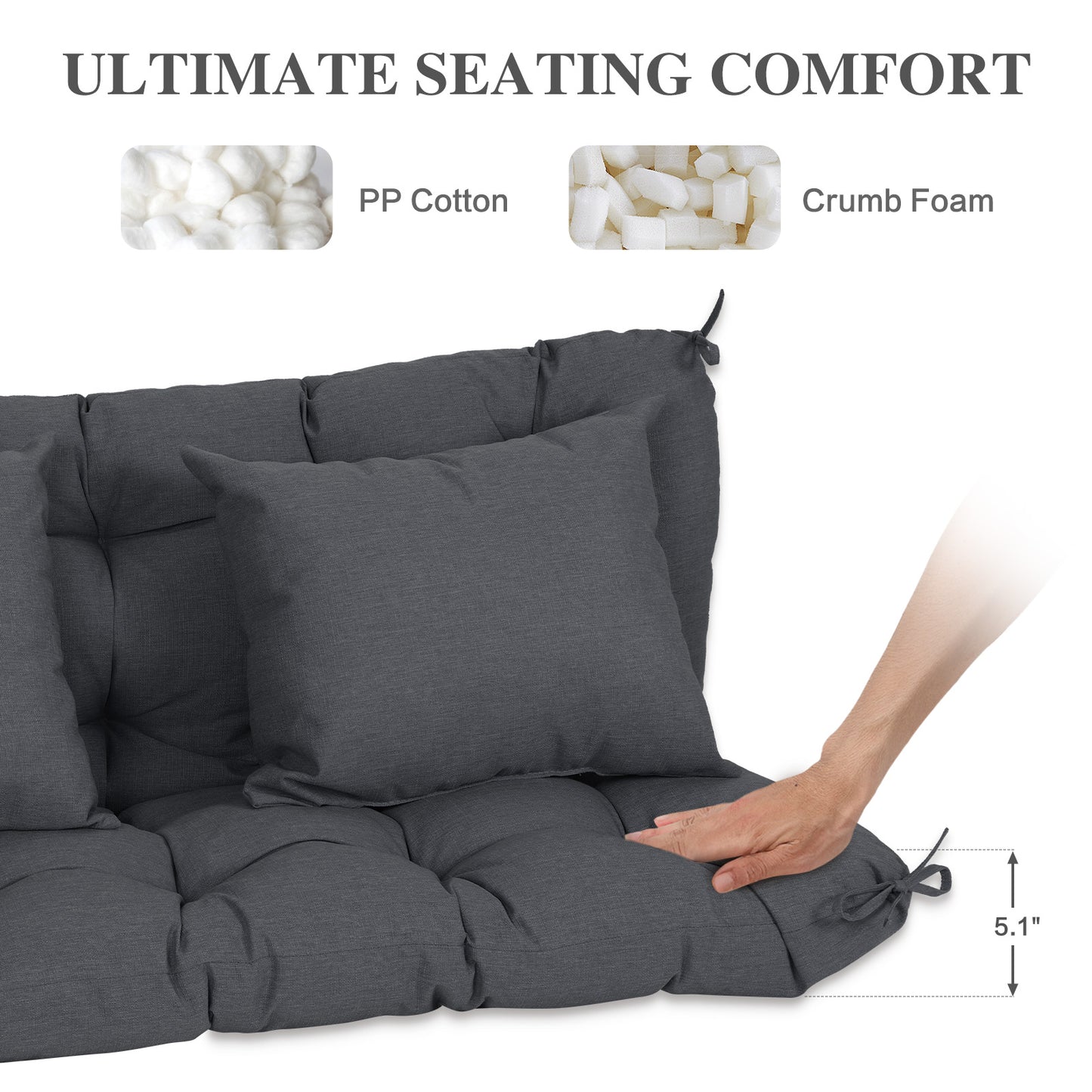 59" Tufted Porch Swing Cushions, Extra 5.1" Thick Outdoor Swing Bench Replacement Cushion with Backrest and 2 Pillows - Dark Gray - Aoodor 