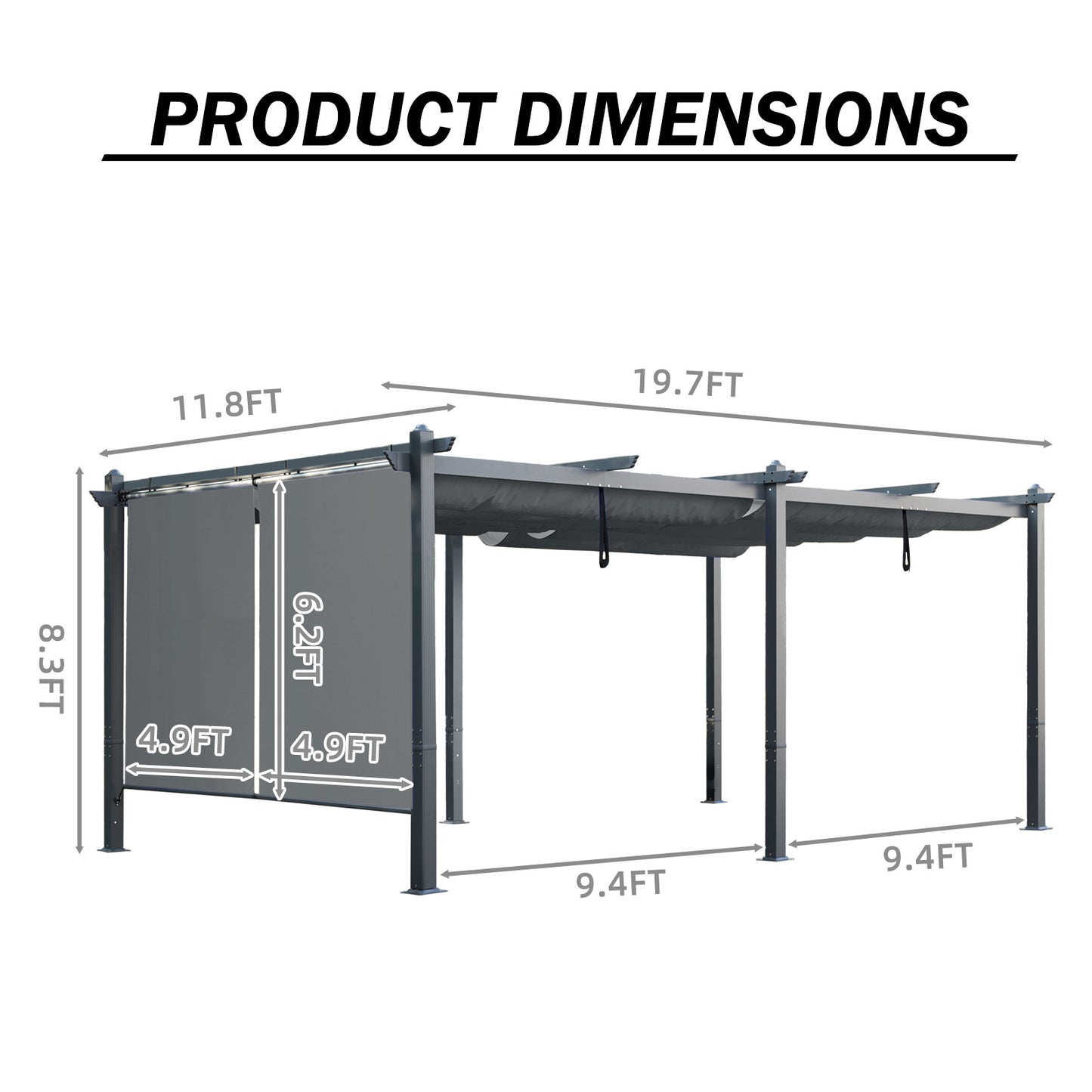 12x20 ft. Outdoor Pergola with Retractable Shade Canopy, Aluminum Frame, Roller Shade Curtain - Aoodor 