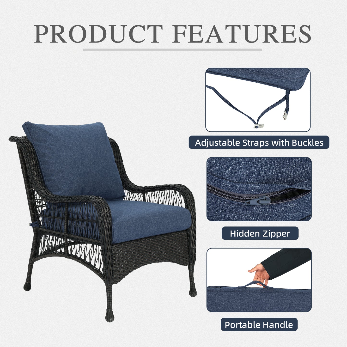 Outdoor Deep Seat Cushion Set, Waterproof Patio Chair Cushions, Navy Blue