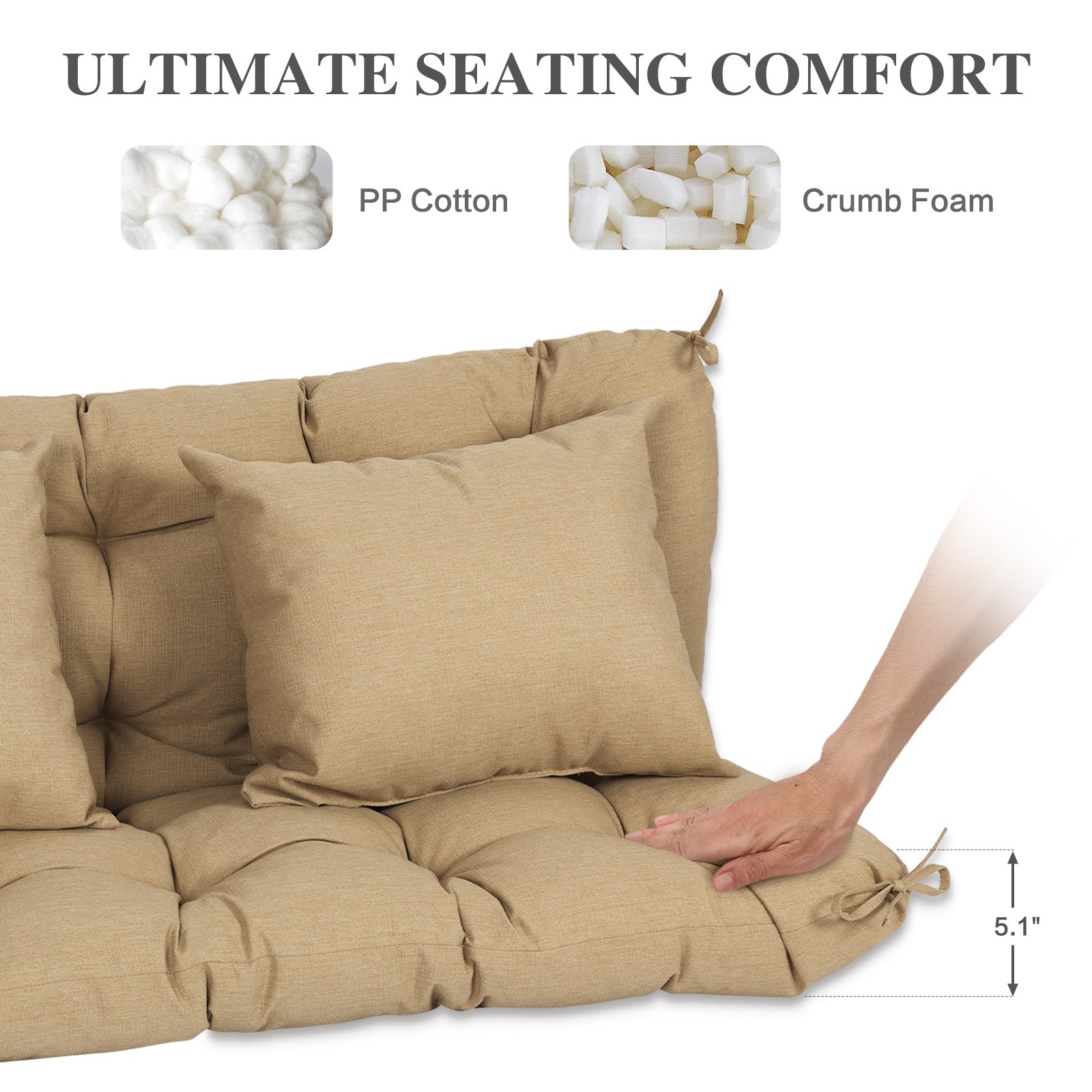 59" Tufted Porch Swing Cushions, Extra 5.1" Thick Outdoor Swing Bench Replacement Cushion with Backrest and 2 Pillows - Brown - Aoodor 