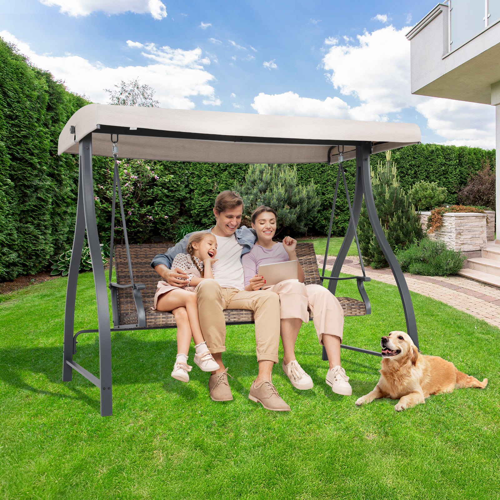 3-Seat Outdoor Rattan Patio Swing with Adjustable Canopy - Aoodor 