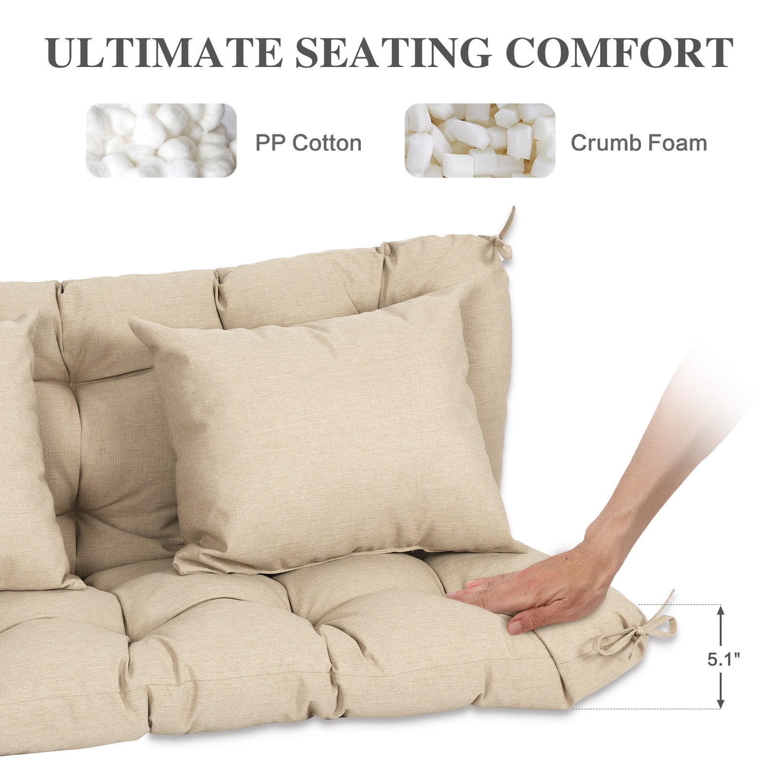 59" Tufted Porch Swing Cushions, Extra 5.1" Thick Outdoor Swing Bench Replacement Cushion with Backrest and 2 Pillows - Khaki - Aoodor 