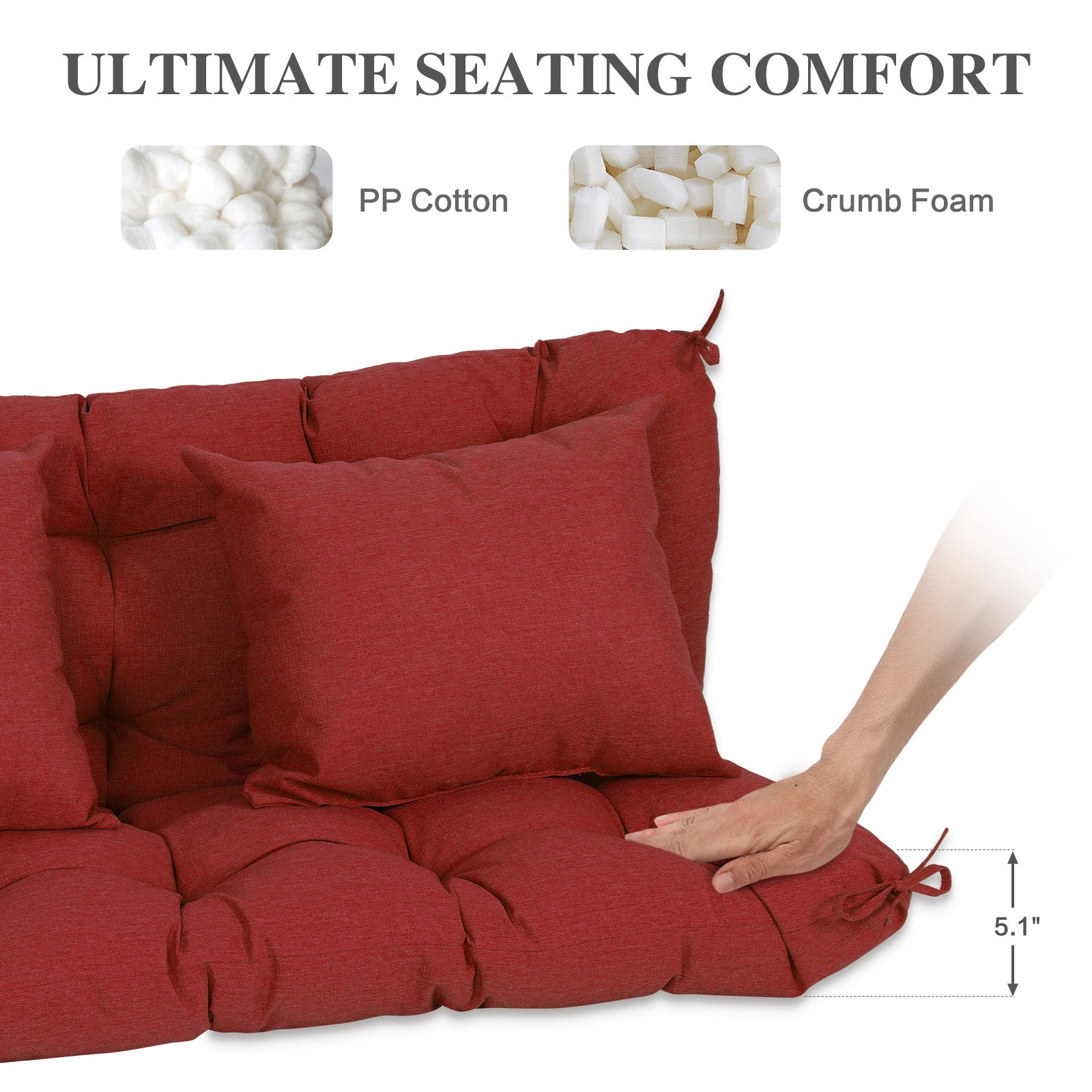59" Tufted Porch Swing Cushions, Extra 5.1" Thick Outdoor Swing Bench Replacement Cushion with Backrest and 2 Pillows - Red - Aoodor 