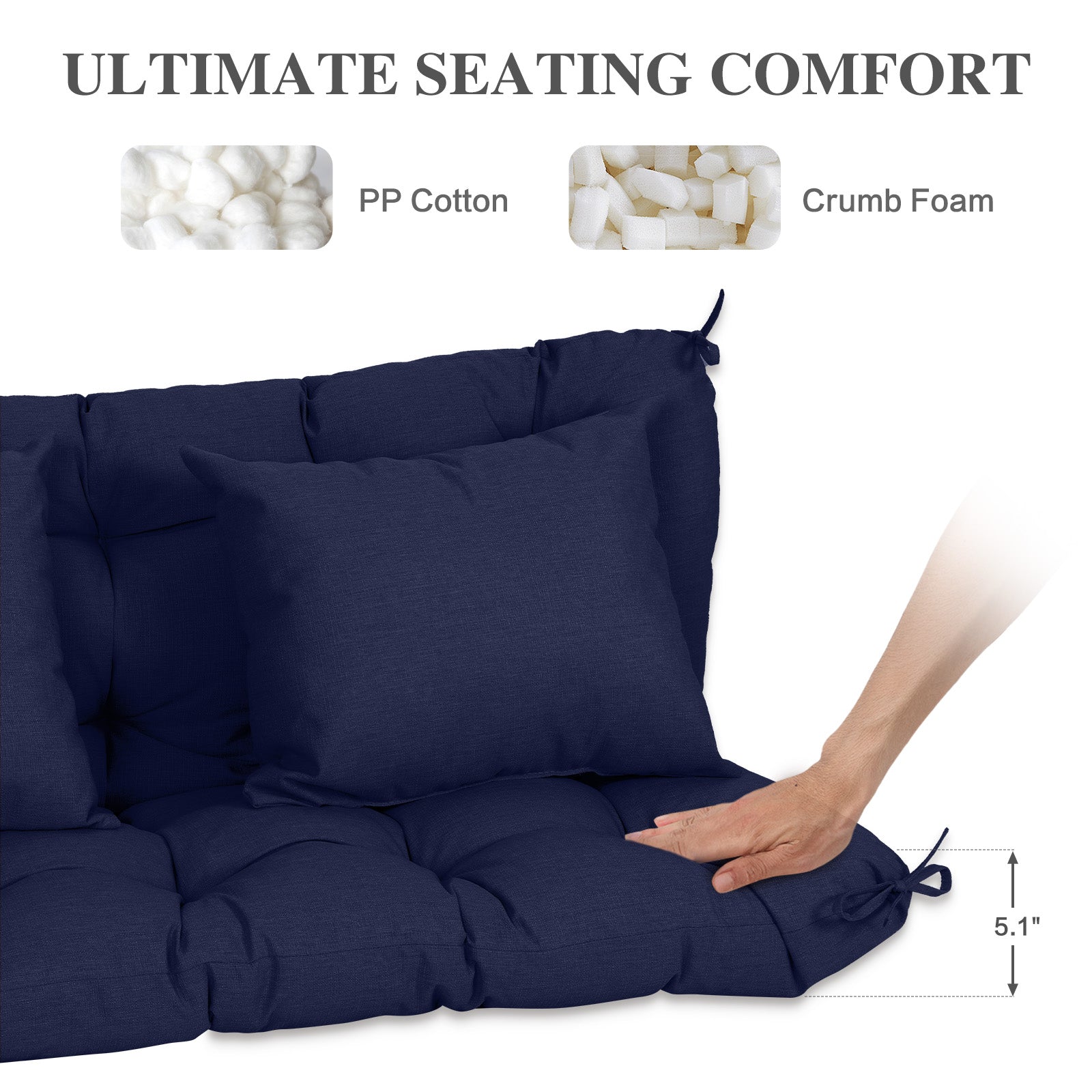 59" Tufted Porch Swing Cushions, Extra 5.1" Thick Outdoor Swing Bench Replacement Cushion with Backrest and 2 Pillows - Dark Blue - Aoodor 