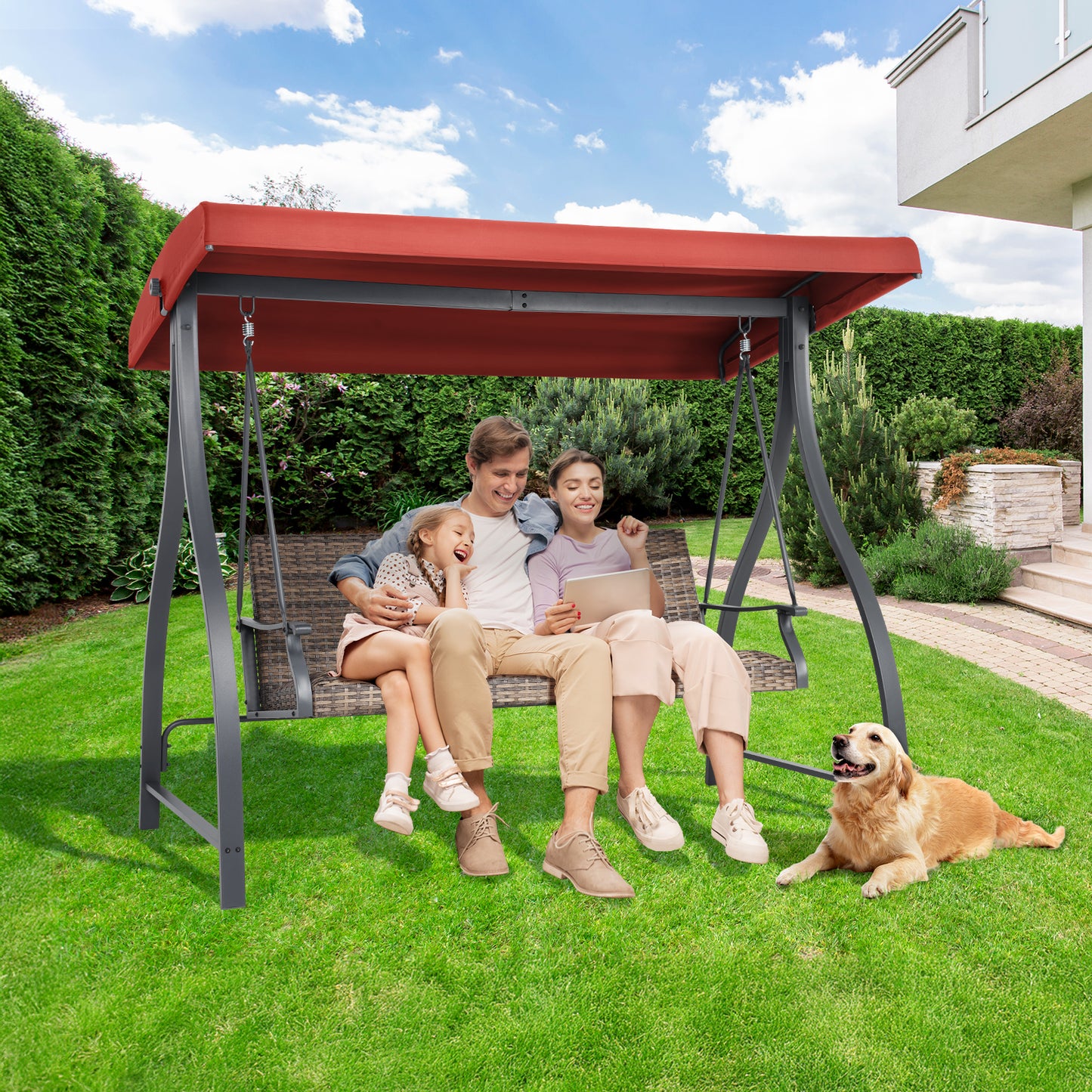 3-Seat Outdoor Rattan Patio Swing with Adjustable Canopy - Aoodor 