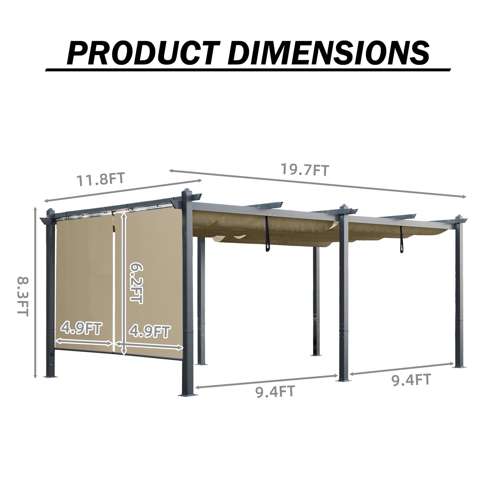 12x20 ft. Outdoor Pergola with Retractable Shade Canopy, Aluminum Frame, Roller Shade Curtain - Aoodor 