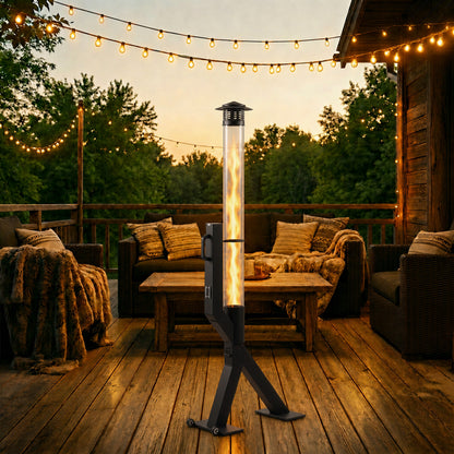 70 inch Wood Pellet Patio Heater, Wood Pellet Fire Tube Stove Portable Pellet Stove with Glass Column, Wheels, Rain Cap and Viewing Window for Porch, Backyard, Garden, and Camping