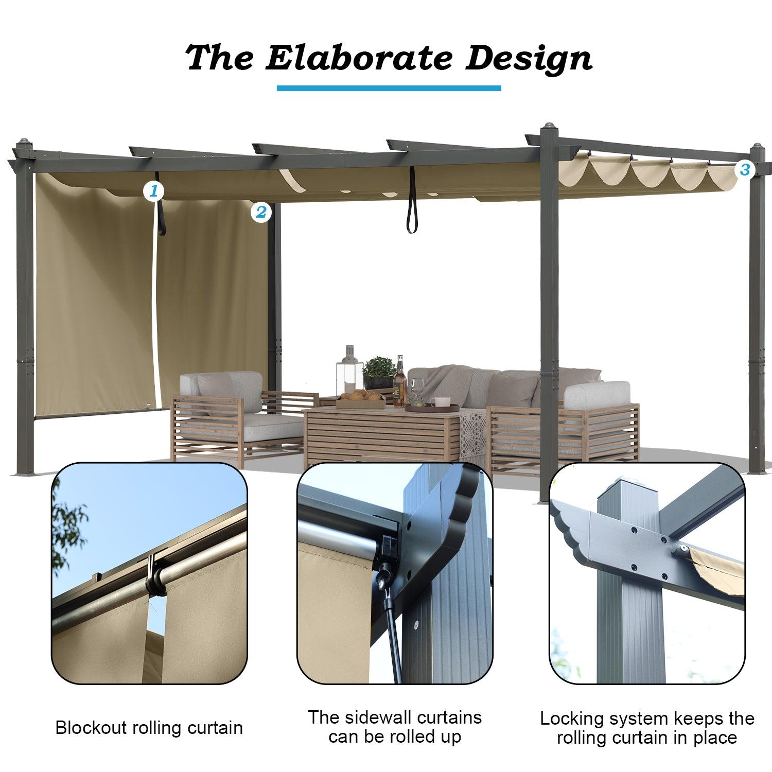16x12 ft. Outdoor Pergola with Retractable Shade Canopy, Aluminum Frame, Roller Shade Curtain - Aoodor 