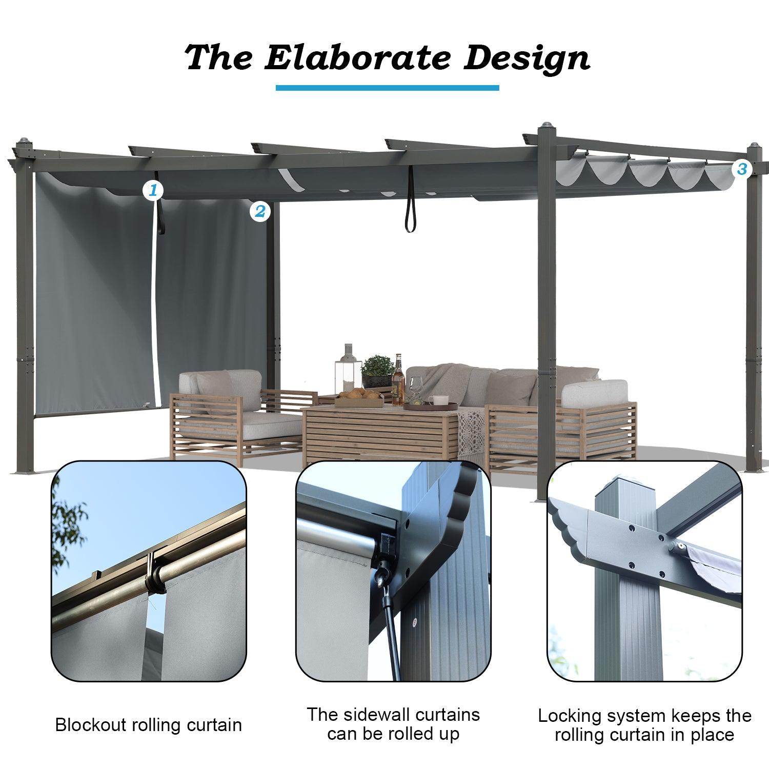 16x12 ft. Outdoor Pergola with Retractable Shade Canopy, Aluminum Frame, Roller Shade Curtain - Aoodor 
