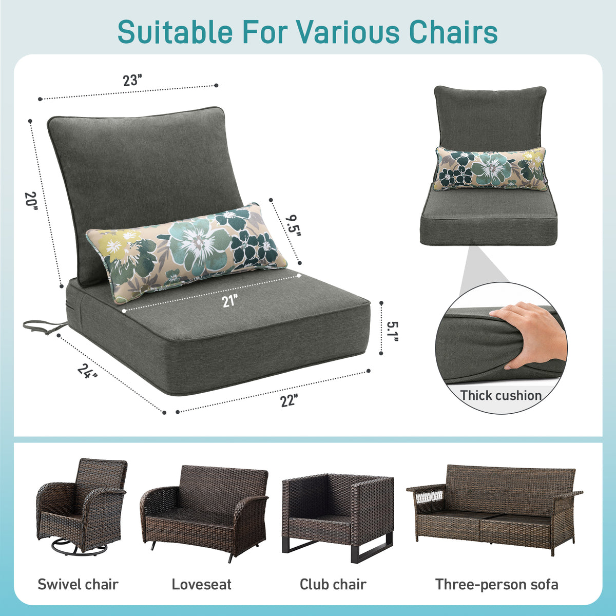 Outdoor Deep Seat Cushion Set with Lumbar Pillow, Charcoal