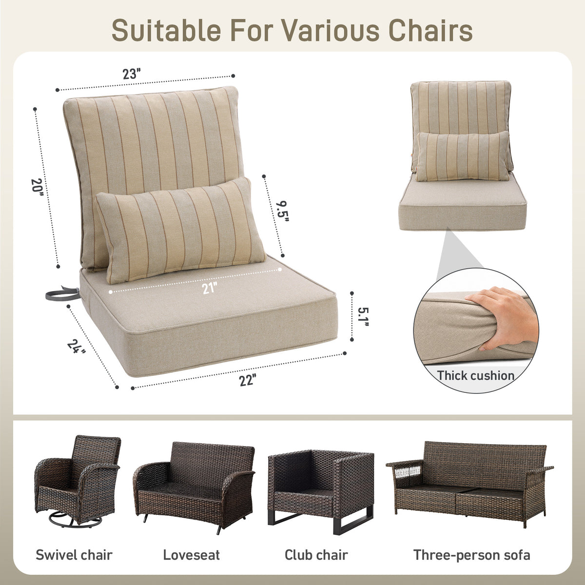 Outdoor Deep Seat Cushion Set with Lumbar Pillow, Khaki Stripes