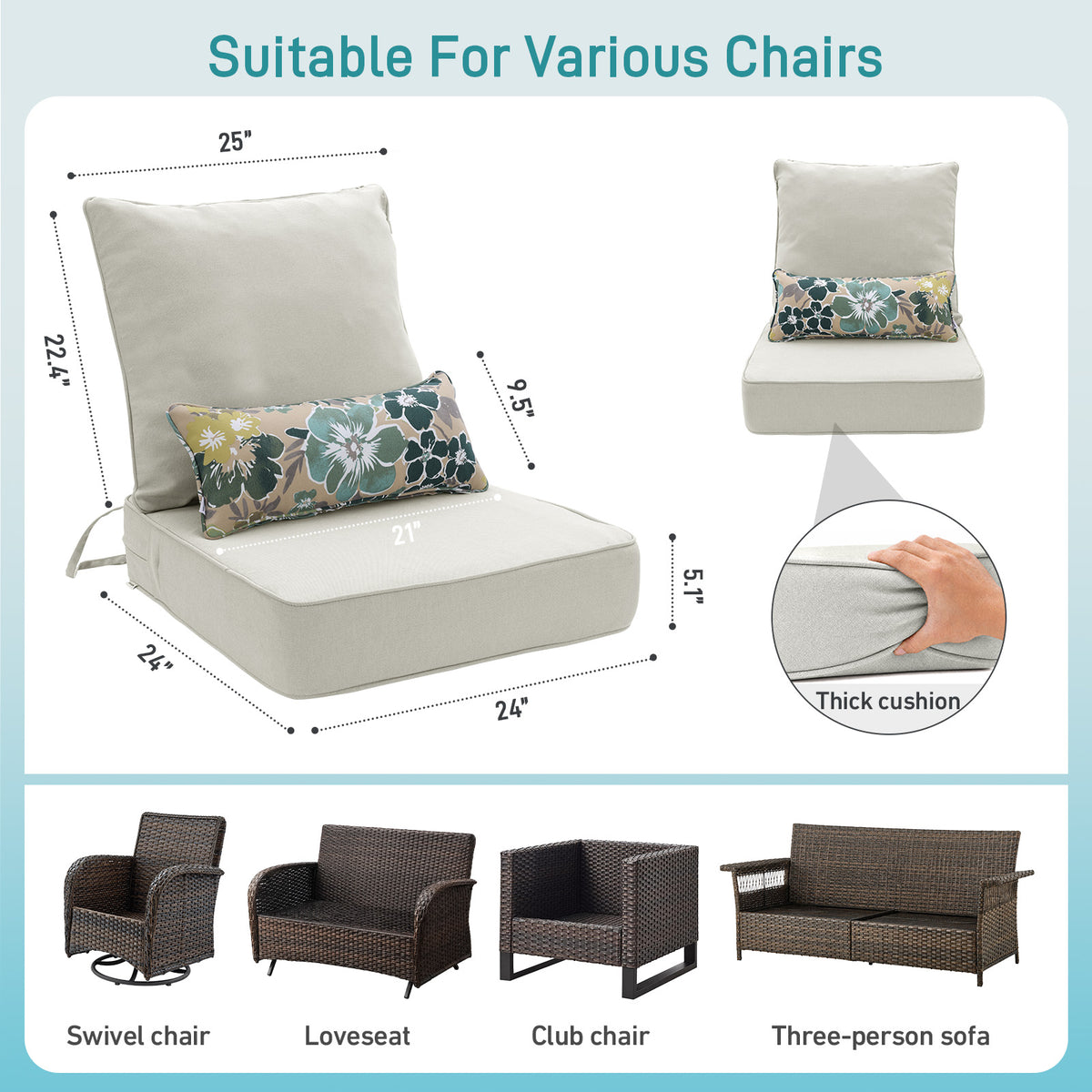 Outdoor Deep Seat Cushion Set with Lumbar Pillow, Light Gray