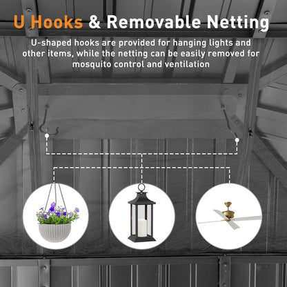 10'x12' Outdoor Patio Wooden Frame Gazebo with 2-Tier Galvanized Metal Hardtop Roof and Outlets