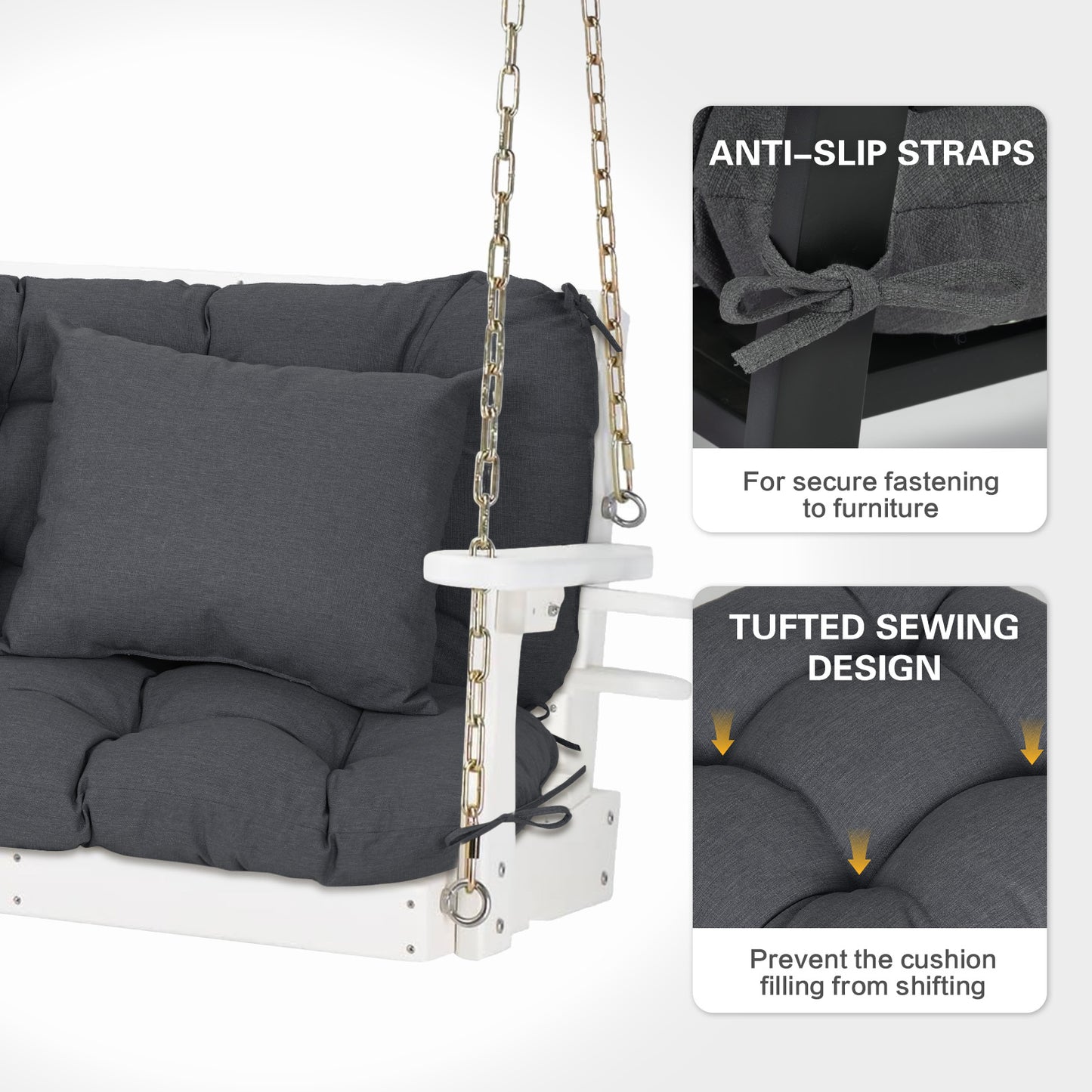 59" Tufted Porch Swing Cushions, Extra 5.1" Thick Outdoor Swing Bench Replacement Cushion with Backrest and 2 Pillows - Dark Gray - Aoodor 