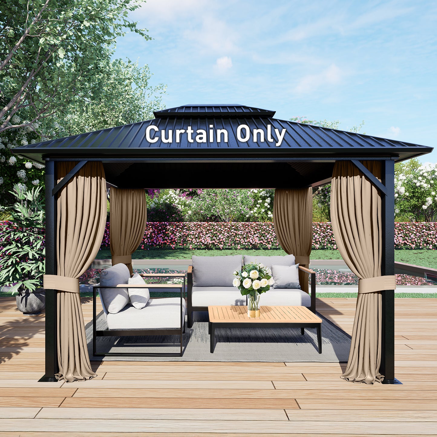 Outdoor Gazebo Curtains, 4 Panels Privacy Sidewall Replacement (Curtain Only) - Sand Yellow - Aoodor 