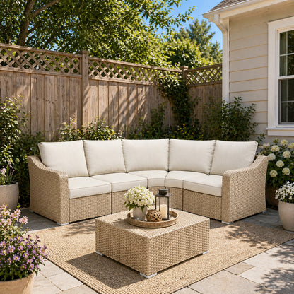 5-Piece L-shaped Patio Furniture Conversation Set with Beige Cushions – Handwoven Design
