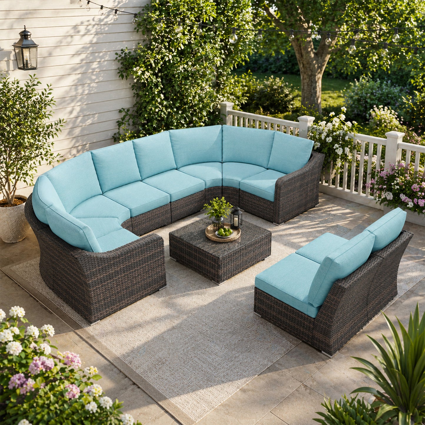 10 Piece Half Moon Wicker Outdoor Sectional Set with Turquoise Cushions - Backyard Retreat