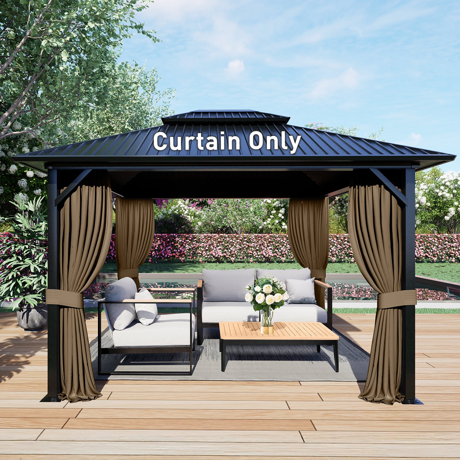 Outdoor Gazebo Curtains, 4 Panels Privacy Sidewall Replacement (Curtain Only) - Light Coffee - Aoodor 