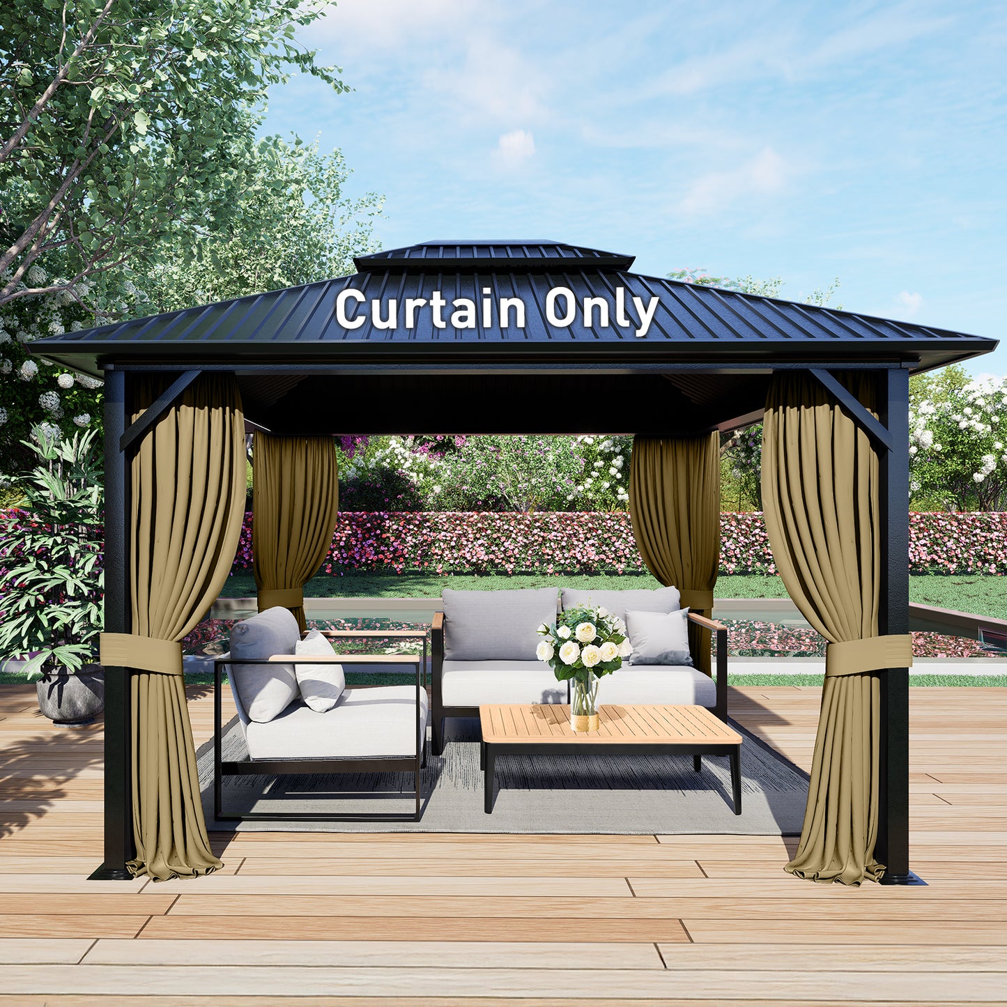 Outdoor Gazebo Curtains, 4 Panels Privacy Sidewall Replacement (Curtain Only) - Khaki - Aoodor 