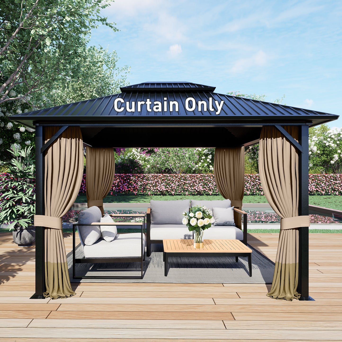 Outdoor Gazebo Curtains, 4 Panels Privacy Sidewall Replacement (Curtain Only) - Sand Yellow and Khaki - Aoodor 