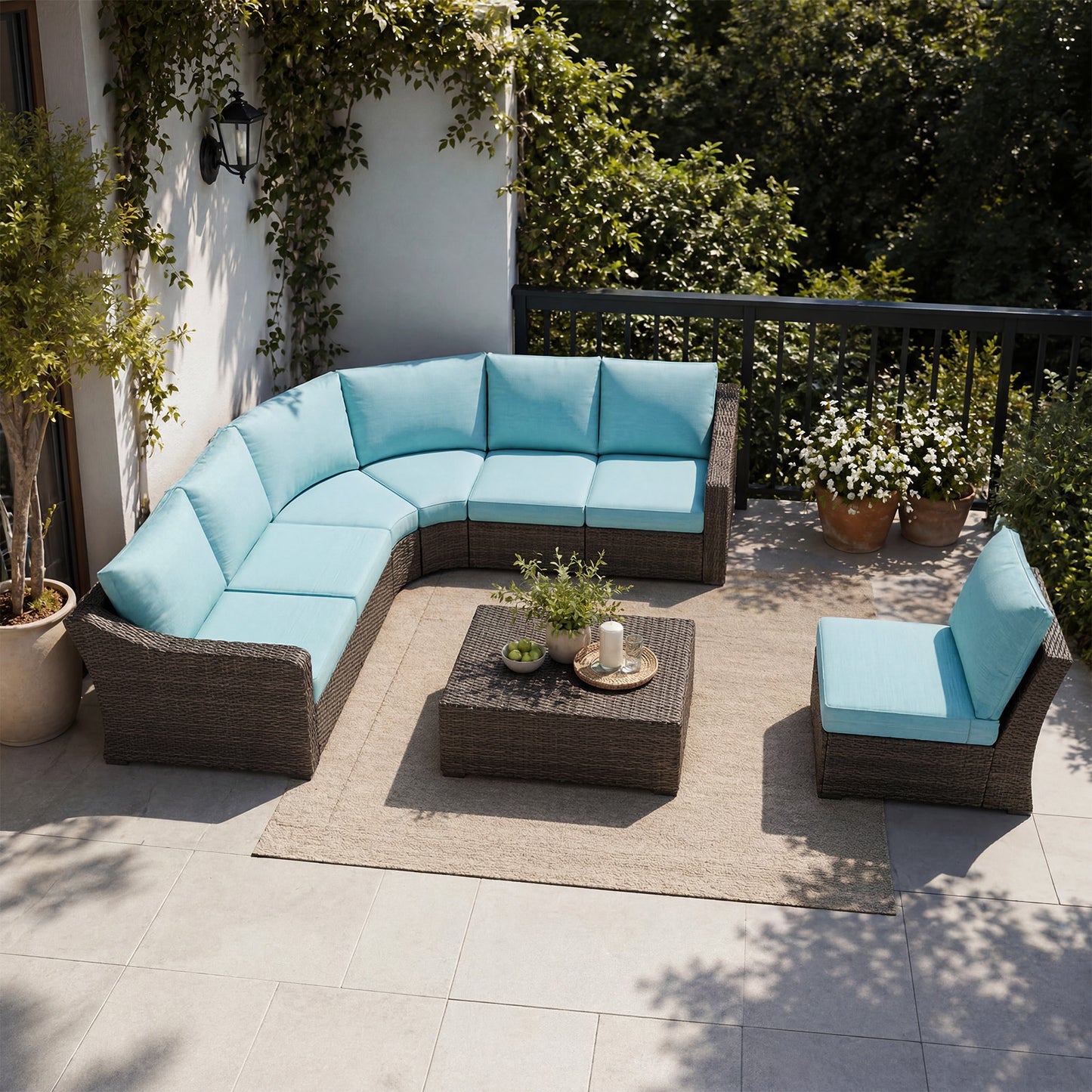 Premium 7 Piece L-shaped Patio Furniture Set with Turquoise Cushions - Casual Luxury
