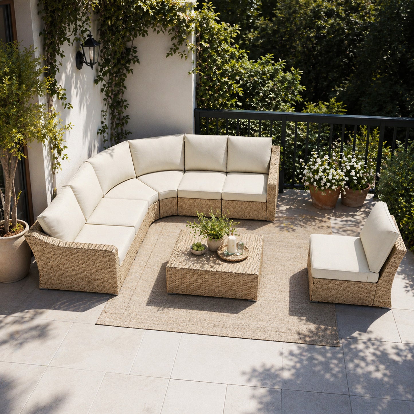 7 Piece L-shaped Patio Furniture Set with Beige Cushions - Modern Outdoor Retreat