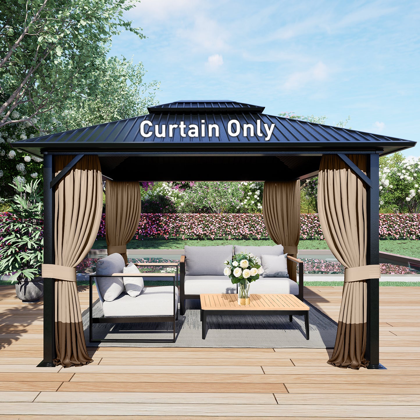 Outdoor Gazebo Curtains, 4 Panels Privacy Sidewall Replacement (Curtain Only) - Sand Yellow and Brown - Aoodor 