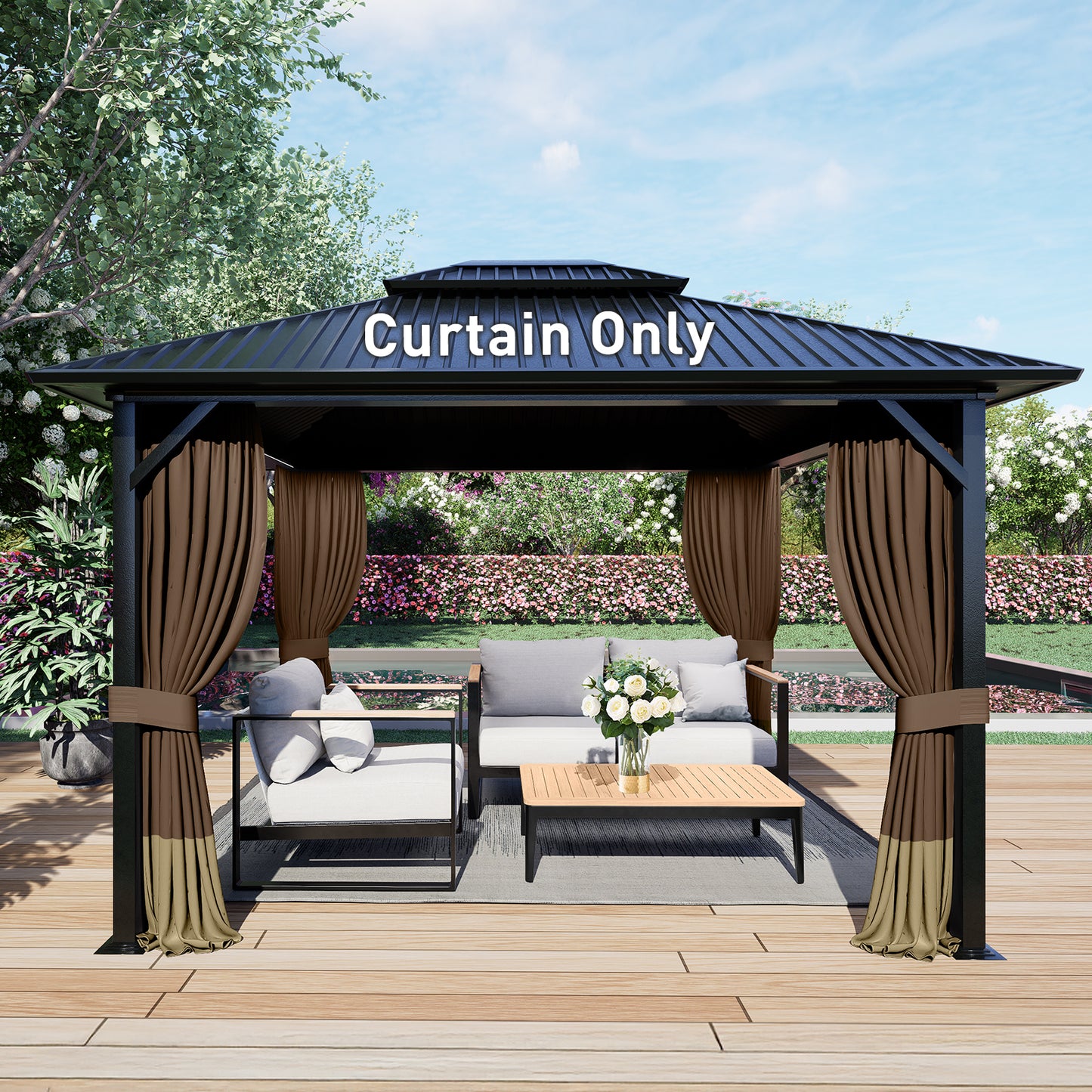Outdoor Gazebo Curtains, 4 Panels Privacy Sidewall Replacement (Curtain Only) - Coffee and Khaki - Aoodor 