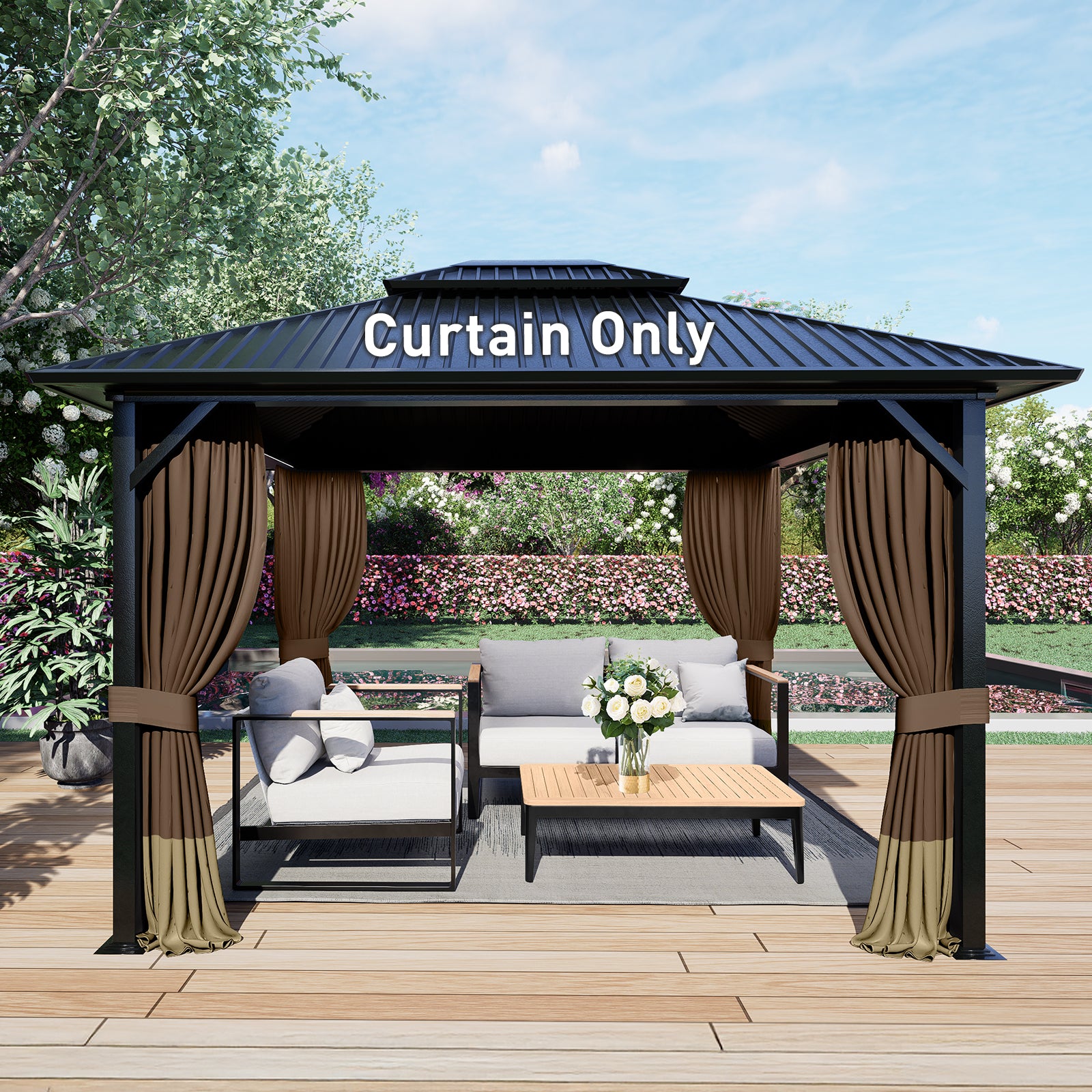 Outdoor Gazebo Curtains, 4 Panels Privacy Sidewall Replacement (Curtain Only) - Coffee and Khaki - Aoodor 