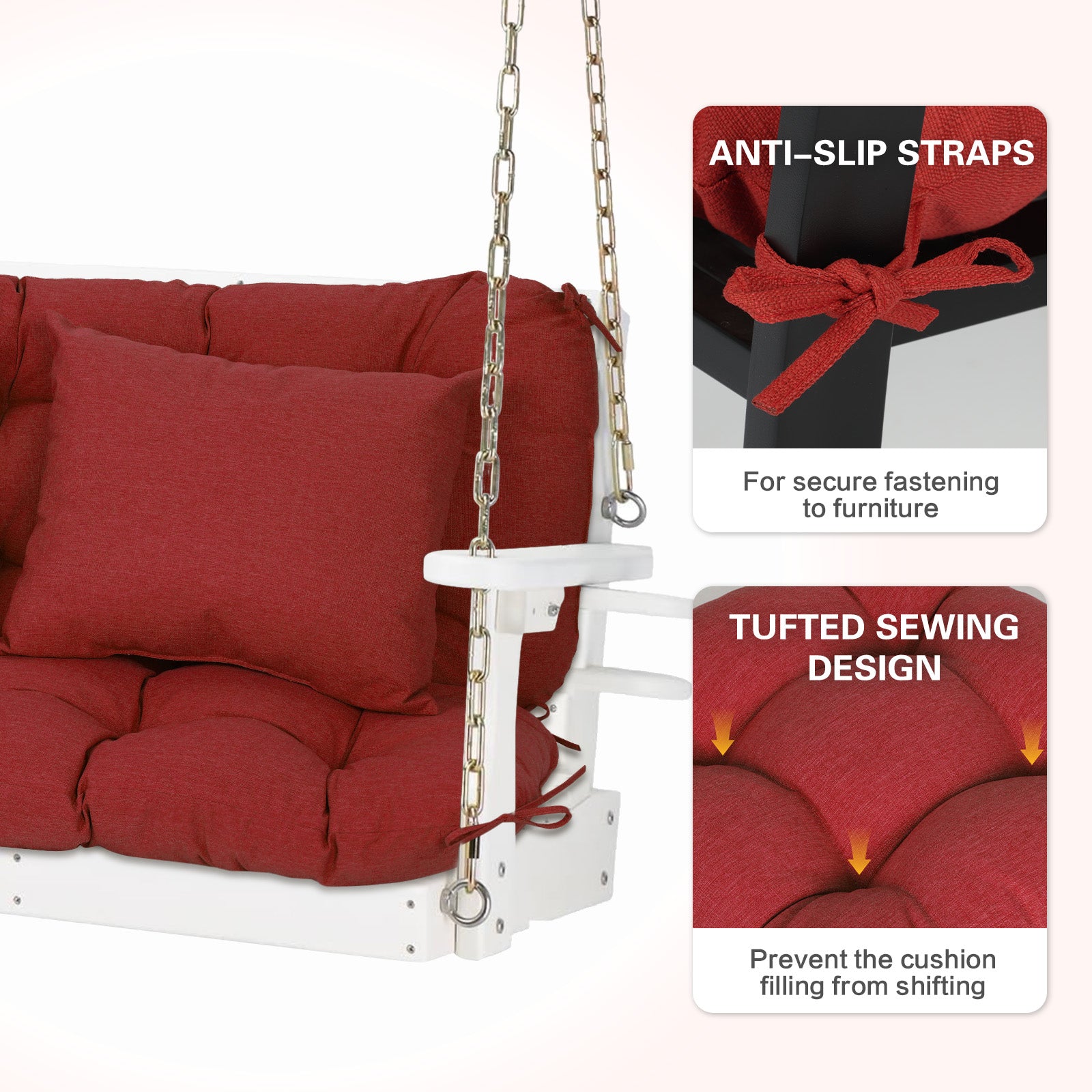 59" Tufted Porch Swing Cushions, Extra 5.1" Thick Outdoor Swing Bench Replacement Cushion with Backrest and 2 Pillows - Red - Aoodor 
