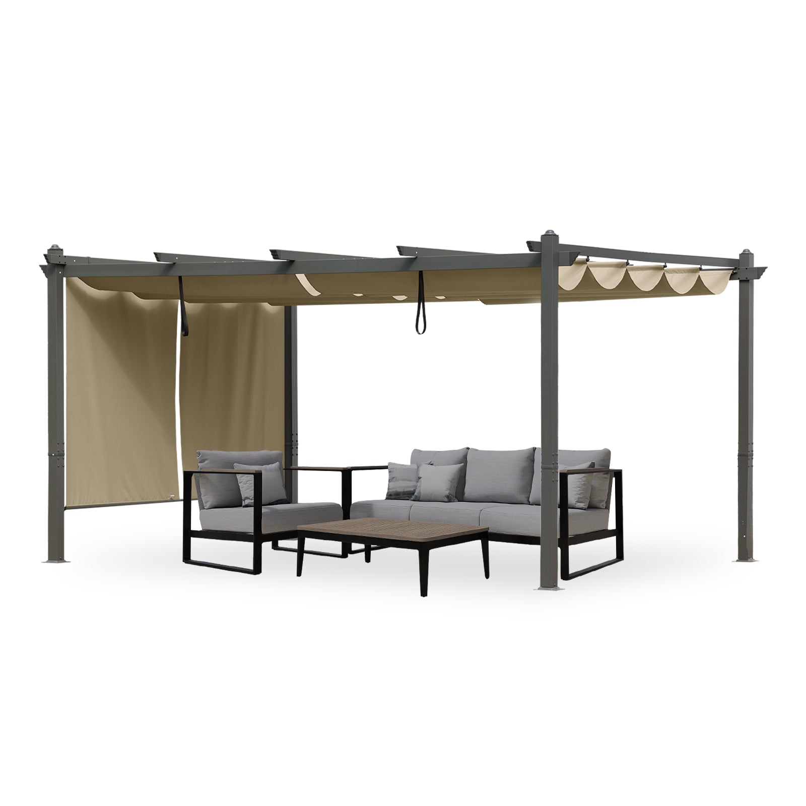 14x12 ft. Outdoor Pergola with Retractable Shade Canopy, Aluminum Frame, Roller Shade Curtain - Aoodor 