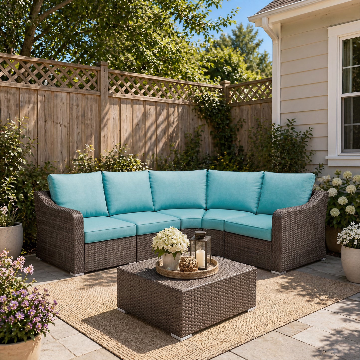 5-Piece L-shaped Patio Furniture Conversation Set with Turquoise Cushions – Stylish Outdoor Value Set