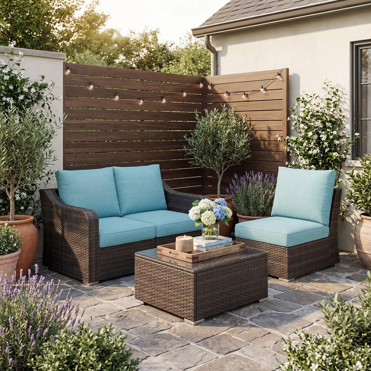 Premium 3 Piece Patio Furniture Set with Turquoise Cushions – Coastal Living