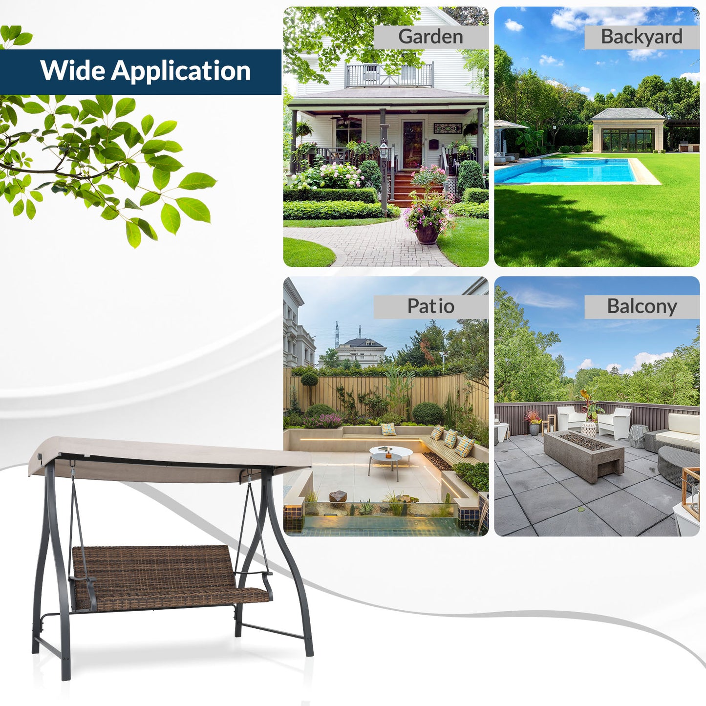 3-Seat Outdoor Rattan Patio Swing with Adjustable Canopy - Aoodor 