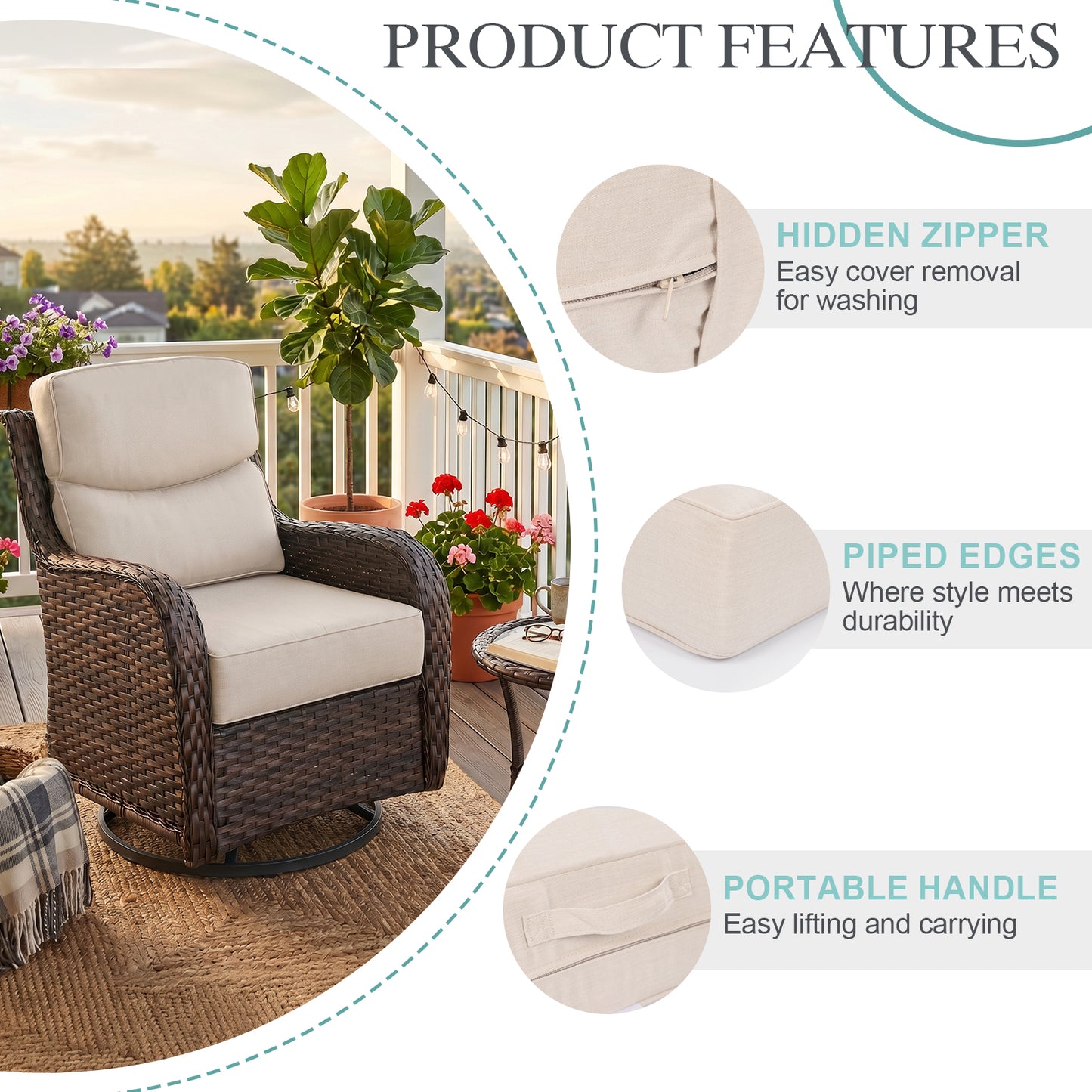 Smile Outdoor Chair Cushion Set, Sunbrella Fabric Deep Seating Cushions, Canvas Flax