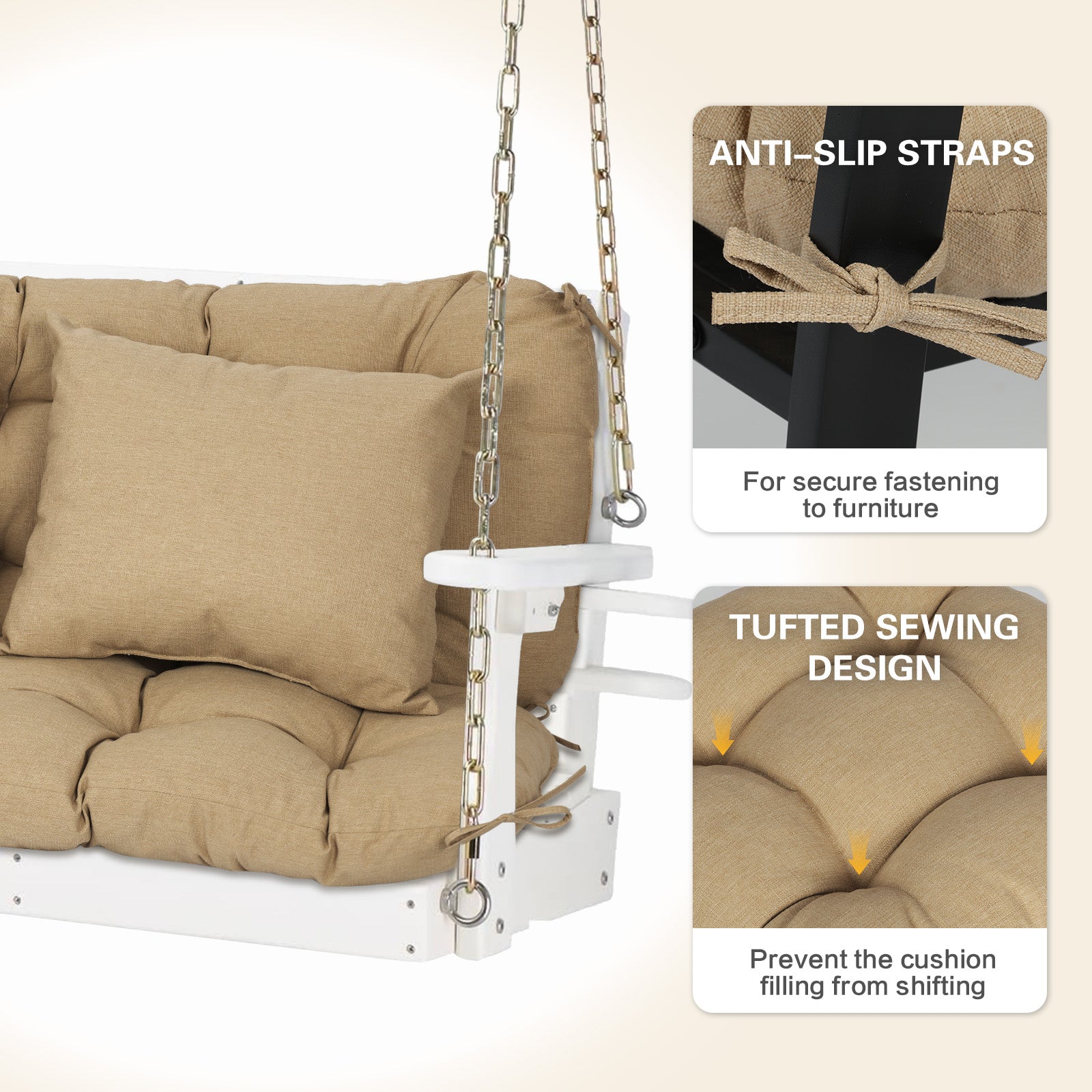 59" Tufted Porch Swing Cushions, Extra 5.1" Thick Outdoor Swing Bench Replacement Cushion with Backrest and 2 Pillows - Brown - Aoodor 