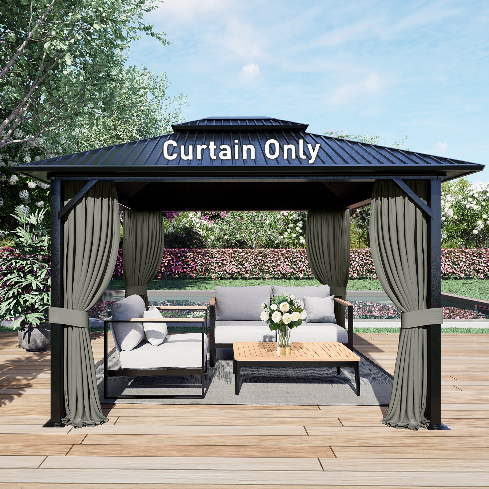 Outdoor Gazebo Curtains, 4 Panels Privacy Sidewall Replacement (Curtain Only) - Grey - Aoodor 