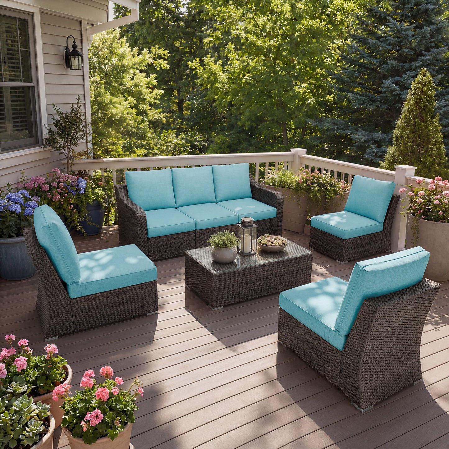 6 Piece Patio Furniture Set with Turquoise Cushions – Relaxed Outdoor Living