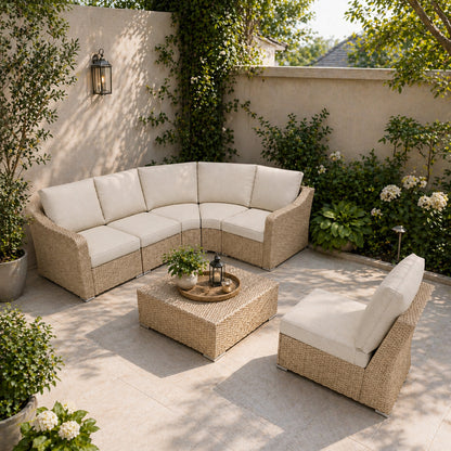 6 Piece L-shaped Patio Furniture Set with Beige Cushions  – Resort Style