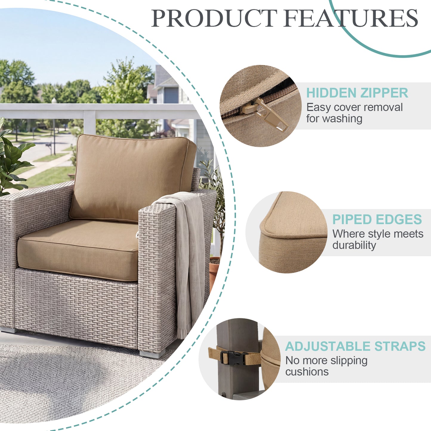 Premium Sunbrella Fabric Outdoor Patio Chair Cushions Set, Canvas Heather Beige