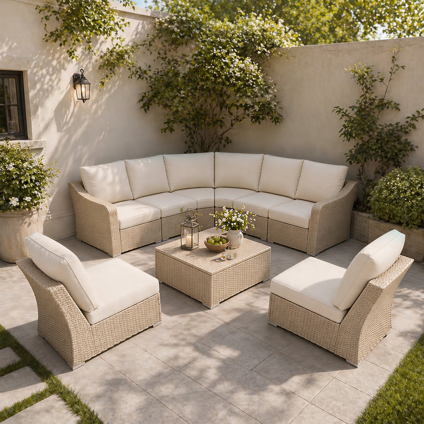 Premium 8 Piece L-shaped Patio Furniture Set with Beige Cushions