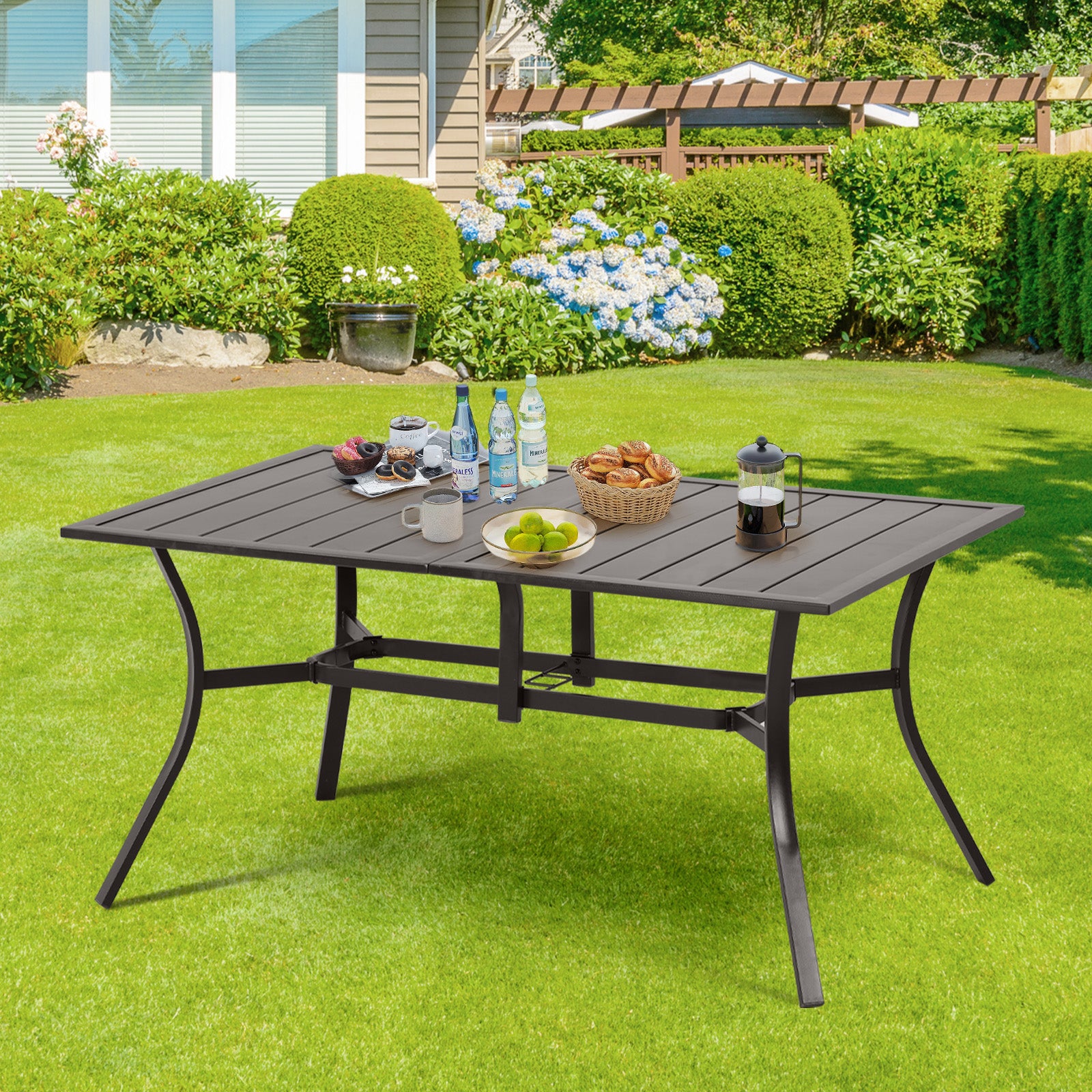 59x38 inch Patio Dining Table for 6 People, Metal Outdoor Table with Adjustable Umbrella Hole - Aoodor 