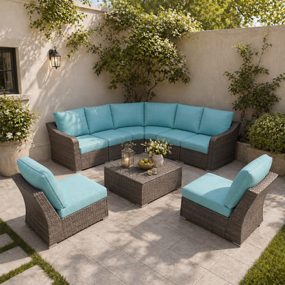 Premium 8 Piece L-shaped Patio Furniture Set with Turquoise Cushions
