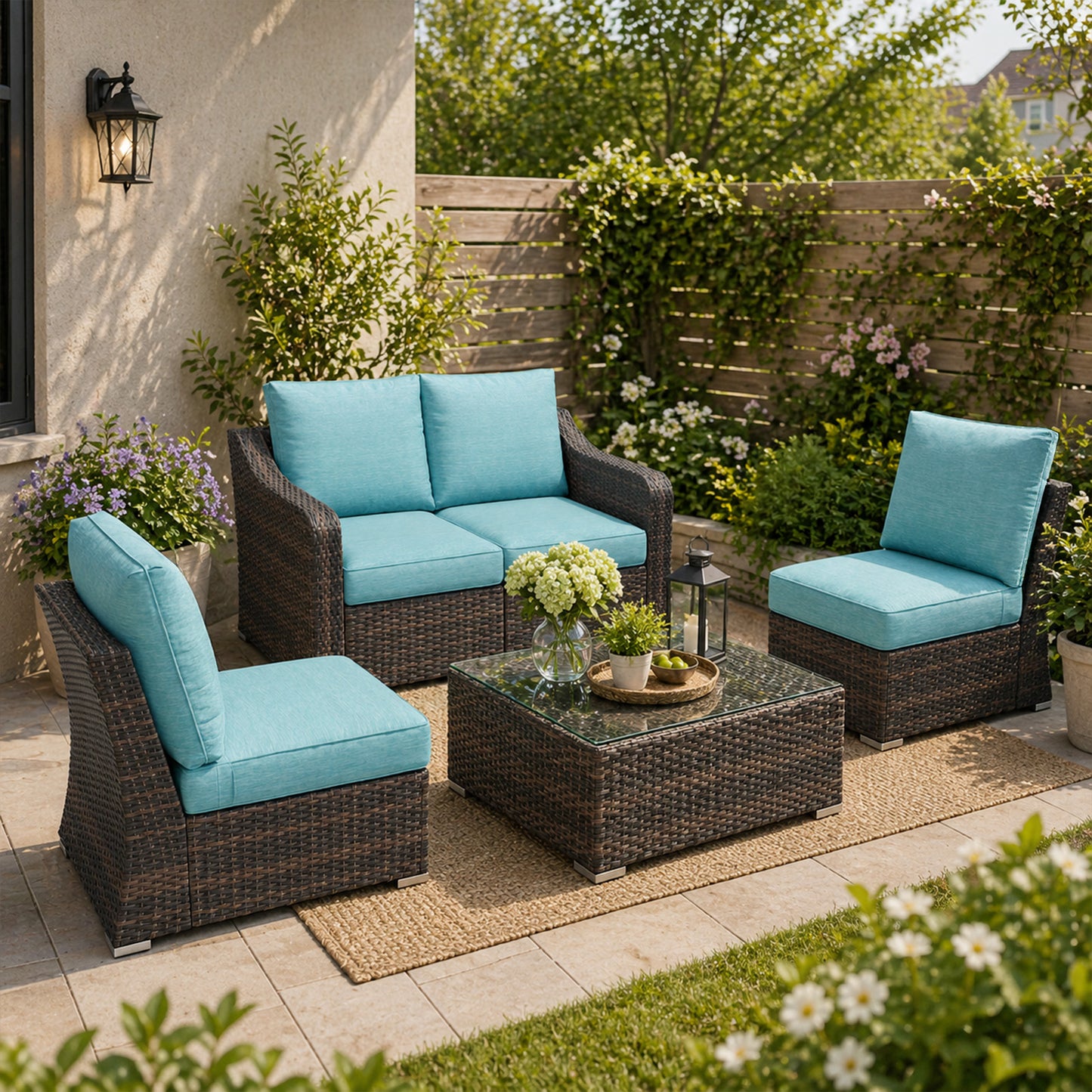 4 Piece Patio Furniture Set with Turquoise Cushions – Premium Living Style