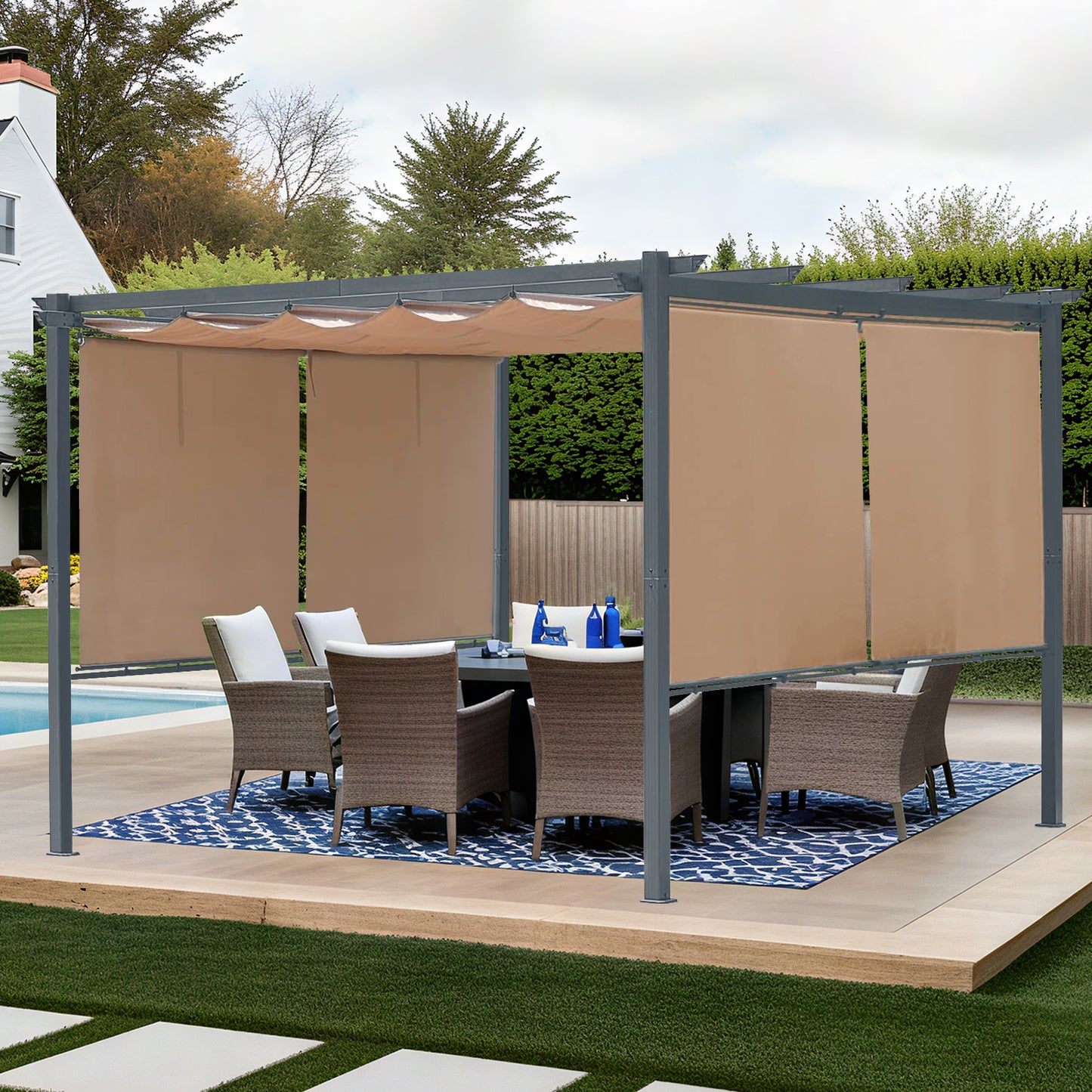 12x10 ft. Outdoor Pergola with Retractable Shade Canopy, Aluminum Frame, Roller Shade Curtain
