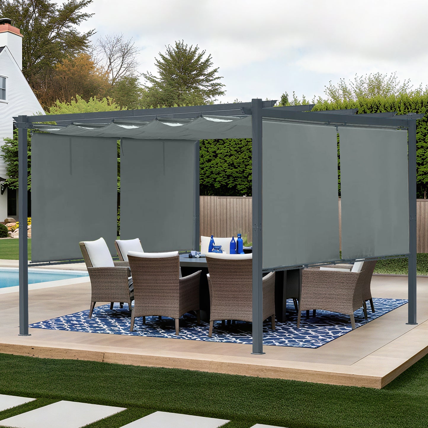 12x10 ft. Outdoor Pergola with Retractable Shade Canopy, Aluminum Frame, Roller Shade Curtain