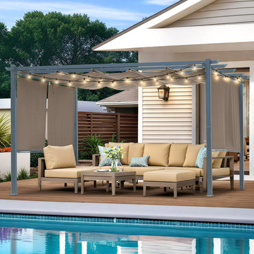 13x10 ft. Outdoor Pergola with Retractable Shade Canopy, Aluminum Frame, Roller Shade Curtain - Aoodor 